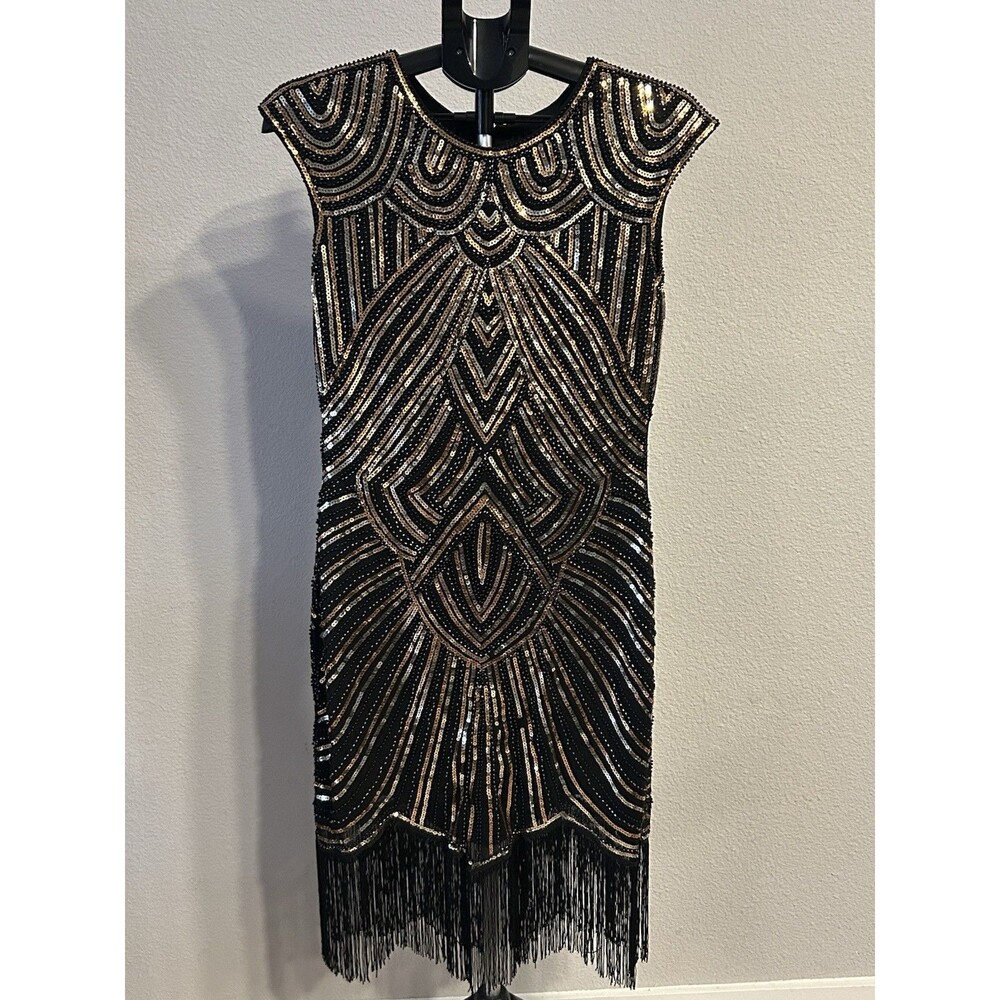Flapper Dress Black Gold Sequin Fringe Great Gatsby Costume Size L